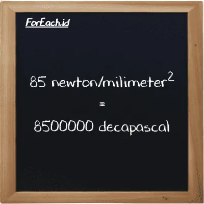 How to convert newton/milimeter<sup>2</sup> to decapascal: 85 newton/milimeter<sup>2</sup> (N/mm<sup>2</sup>) is equivalent to 85 times 100000 decapascal (daPa)